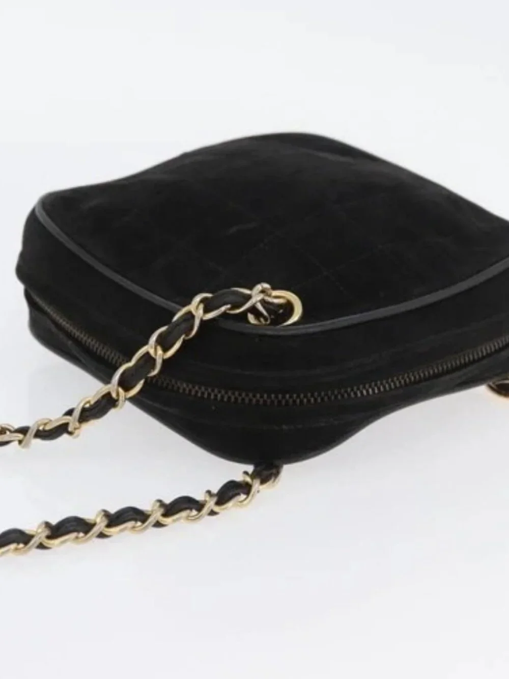 CHANEL Chain Choco Bar Shoulder Bag Suede Black Gold CC Auth LNZ606A